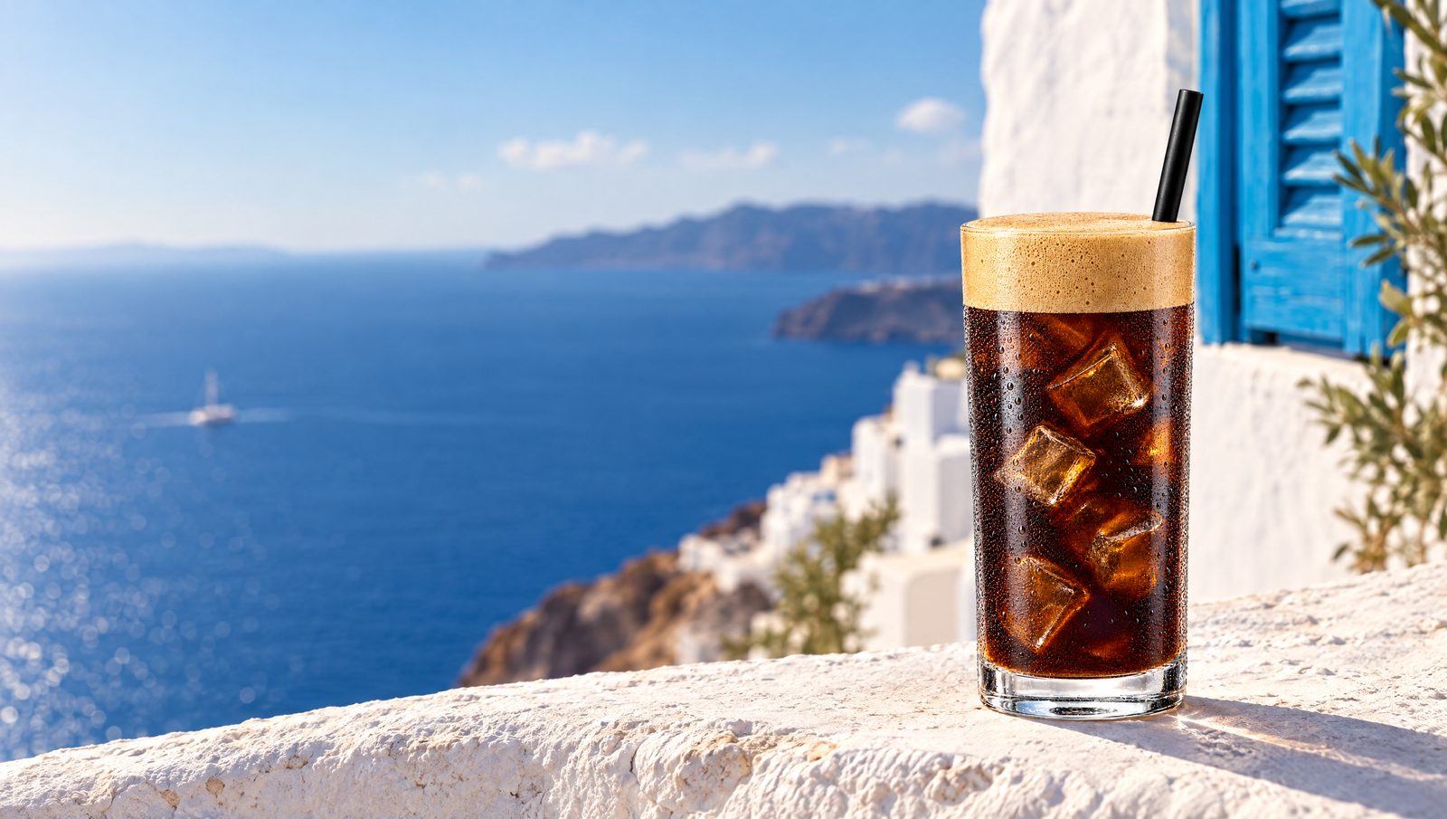 Φρέντο εσπρέσο σε ποτήρι πάνω σε λευκό τοιχάκι δίπλα στη θάλασσα