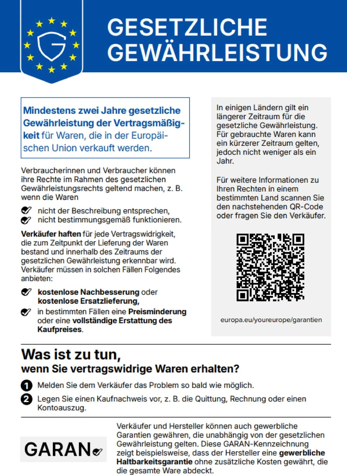 Harmonisierte Mitteilung der EU über das gesetzliche Gewährleistungsrecht: mindestens zwei Jahre gesetzliche Gewährleistung für Waren, die in der Europäischen Union verkauft werden